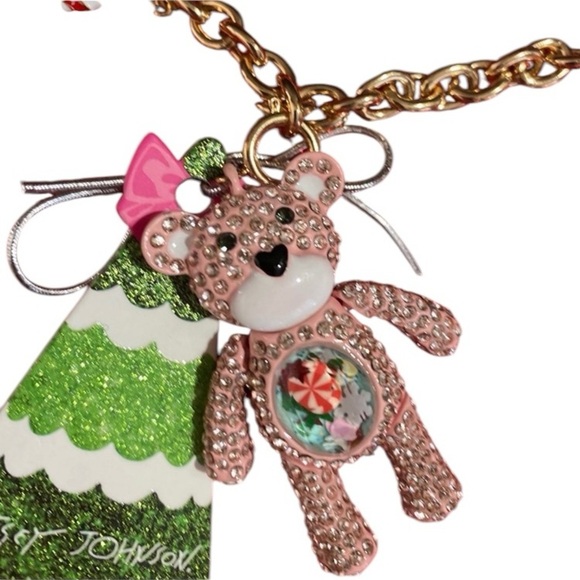 BETSEY JOHNSON Christmas Teddy Bear Pink Inlay Crystal Necklace Belly Charms NWT - Picture 6 of 9